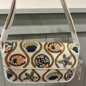 Beaded Seashell Crossbody Bag - White with Gold & Navy Accents
